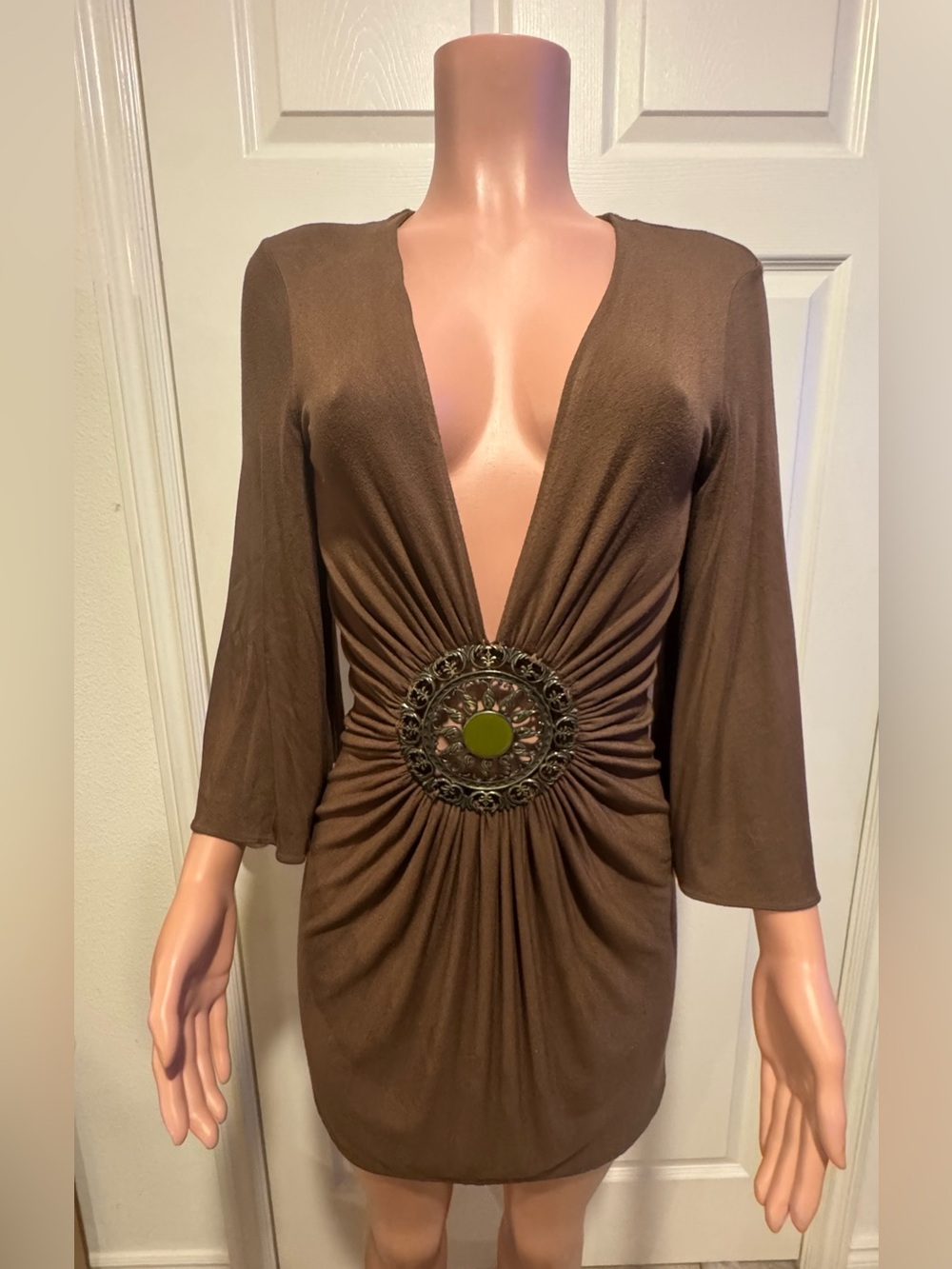 Sky Brand Brown Deep V-Neck Mini Dress with Decorative Waist Accent Sz S - Picture 2 of 11